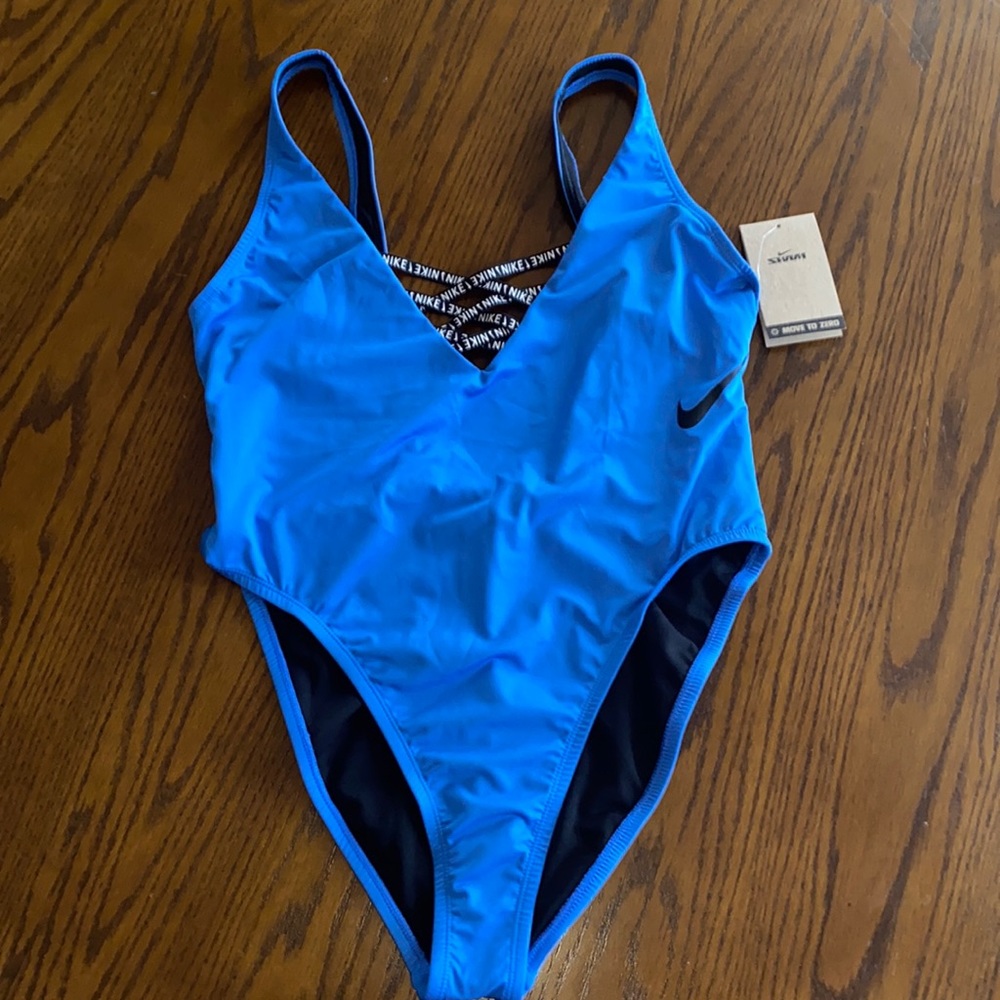 Nike Blue Plunge Logo High Cut Leg One Piece Swimsuit